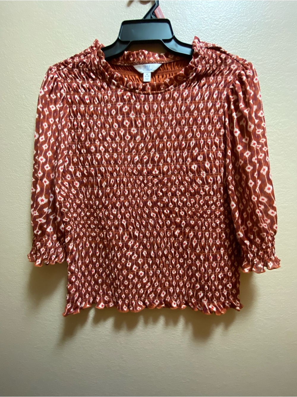 Time and Tru Rust Geometric Patterned Smocked Blouse Medium